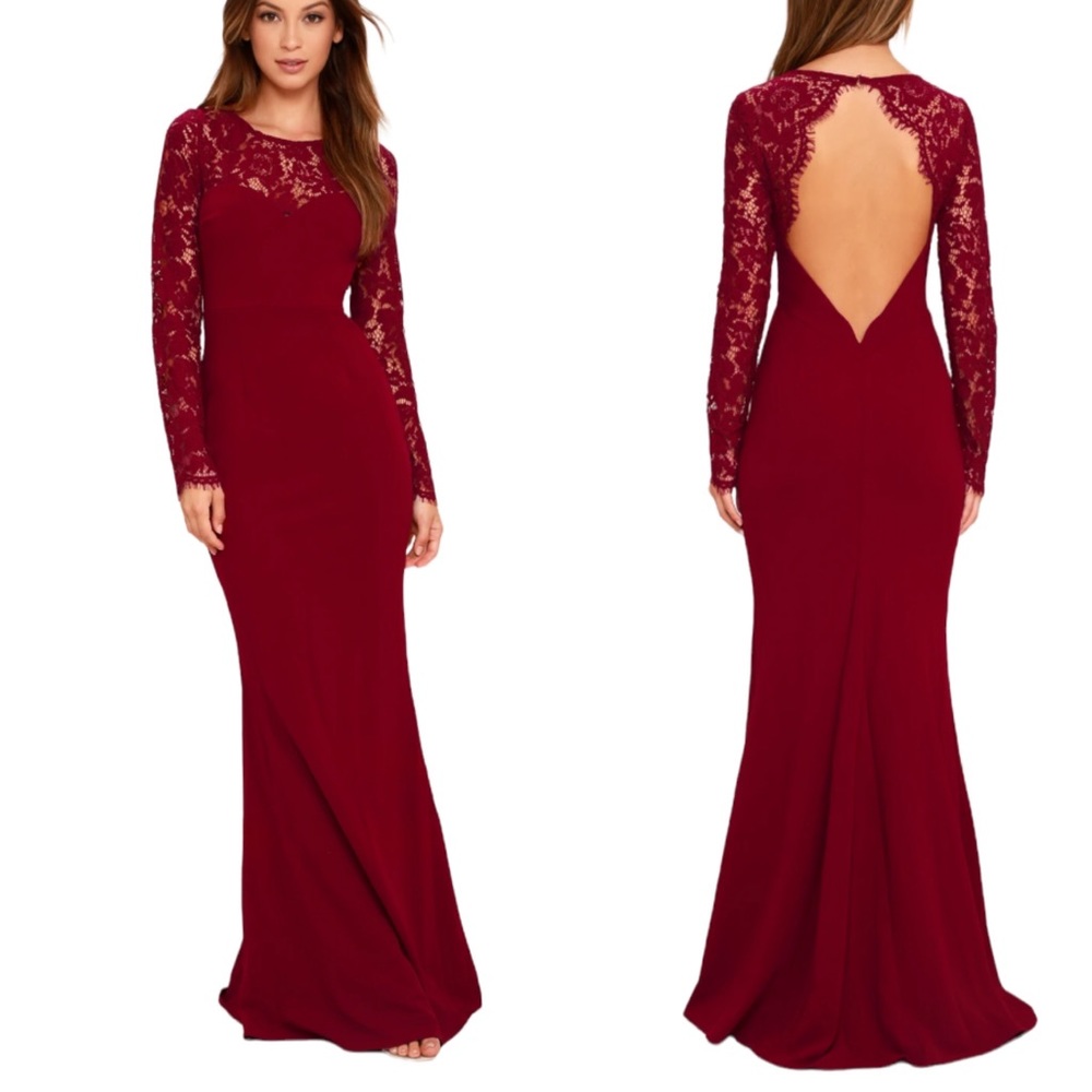 Lulu’s “Whenever You Call” Wine Red Lace Maxi Dress Size XS